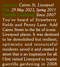 Location: Cairns St, Liverpool. Visit: 29 May 2023, Spring 2011. Guerrilla Gardening:  Since 2007. You�ve heard of Strawberry Fields and Penny Lane. Add Cairns Street to the list of iconic Liverpool places. It was destined
to be demolished but resilient, optimistic and resourceful residents saved it and created a street that is an inspiration for all. I first visited Liverpool to inspire guerrilla gardening in 2008 